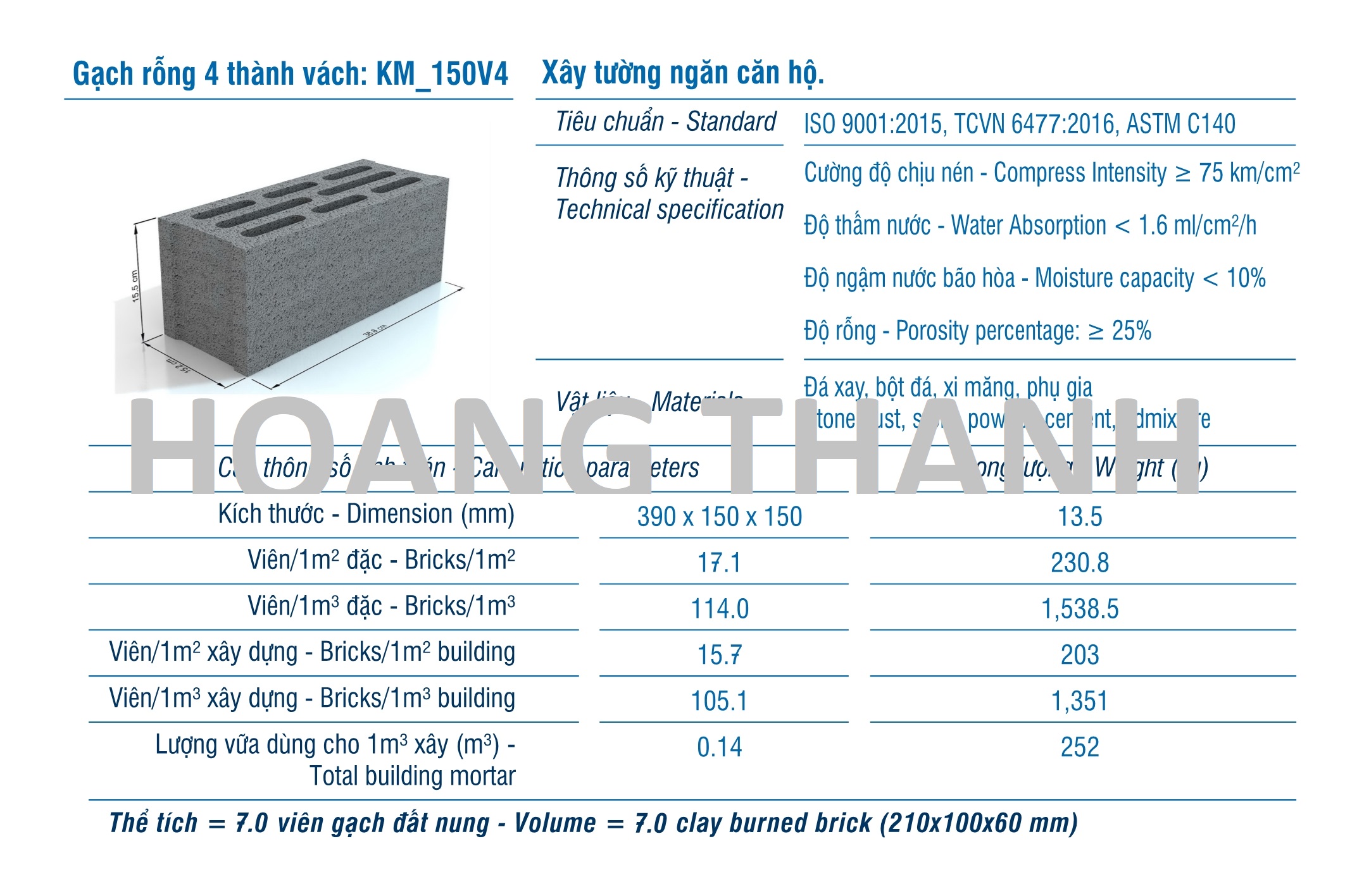 Gạch XMCL cao 150mm xây tường rỗng 170mm